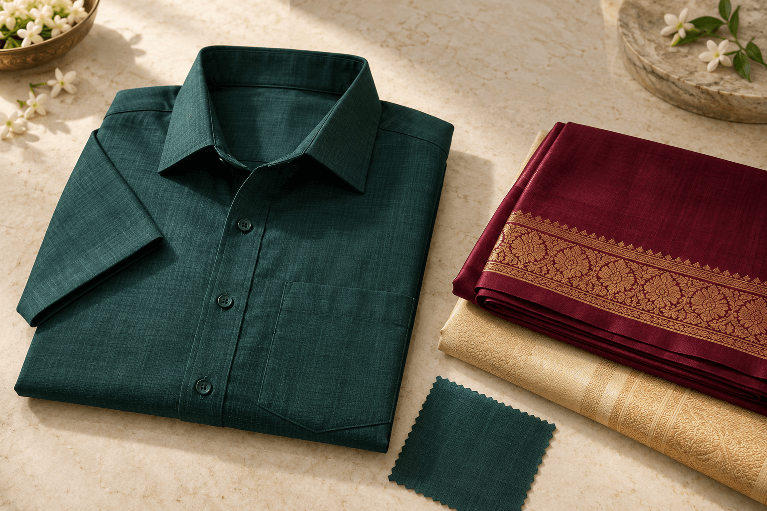 Illustrative arrangement of a teal cotton shirt and folded silk sarees